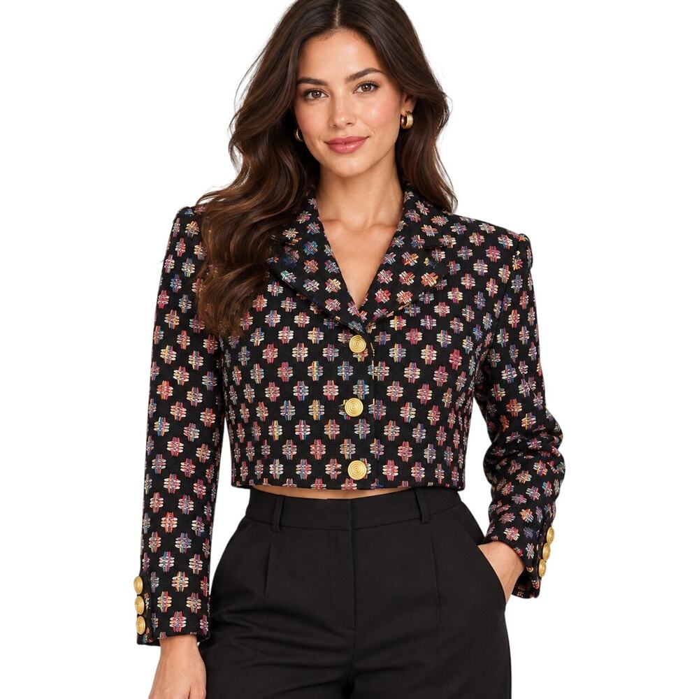 Vintage 100% Silk Cropped Blazer Black Rainbow Embroidered Jacket Ann May -